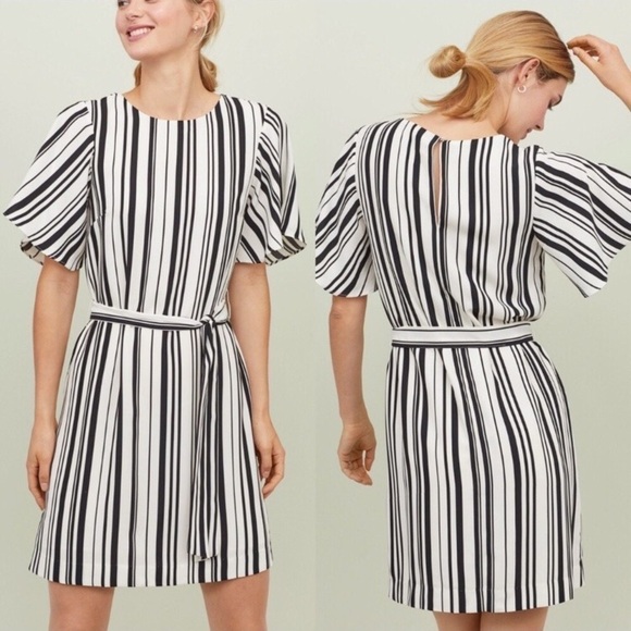 H&M Striped Tie Dress Black & White Mini Dress Size 0 - Picture 1 of 7